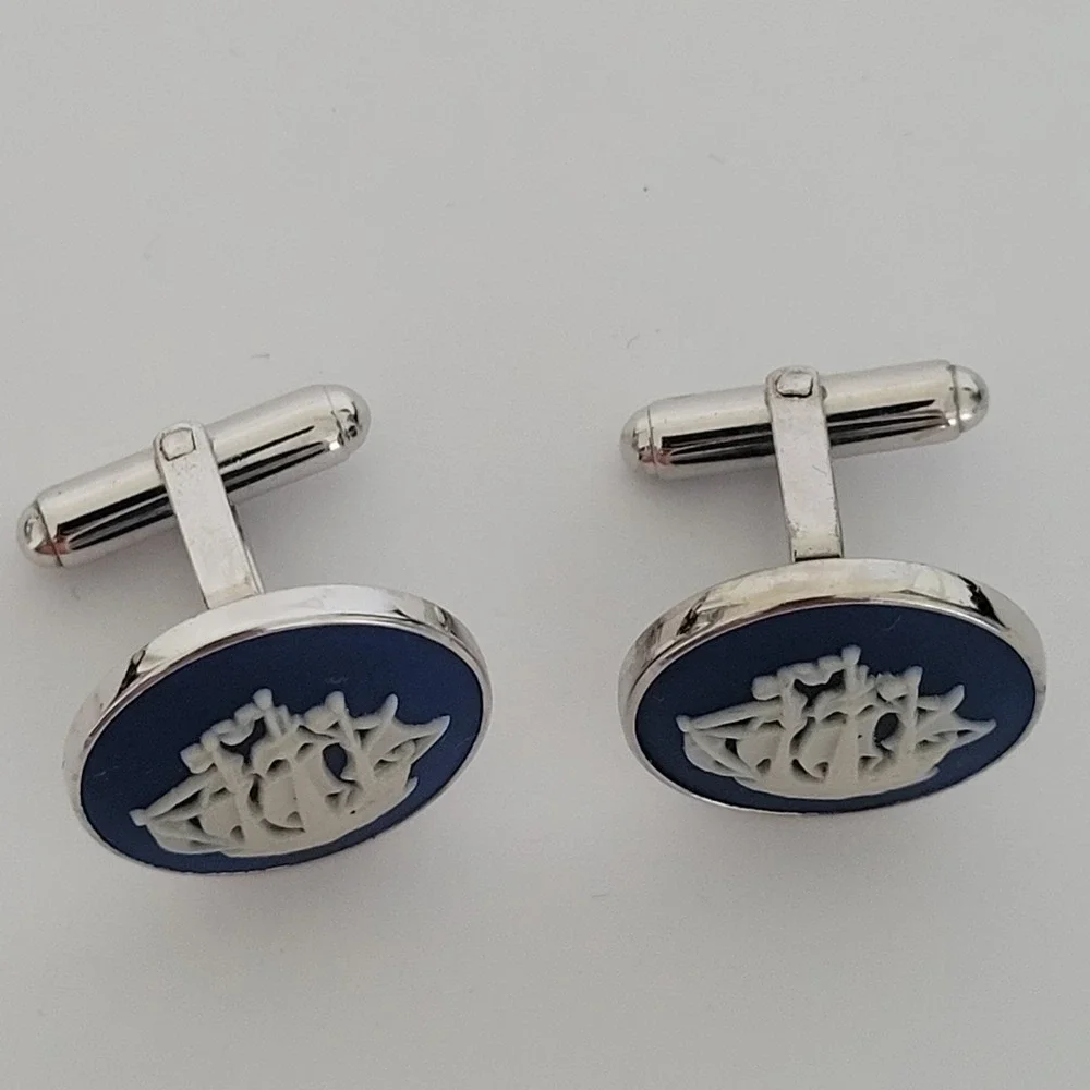 Wedgwood Blue Jasperware Sailing Ship Cufflinks Vintage Silver Tone England